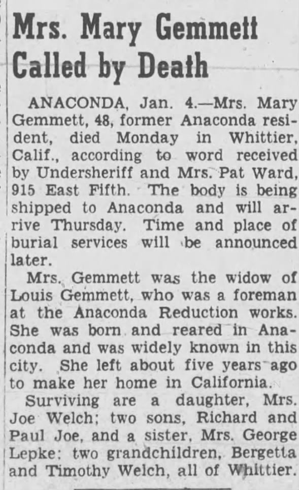 Obituary for Mary Gemmett Called (Aged 48)